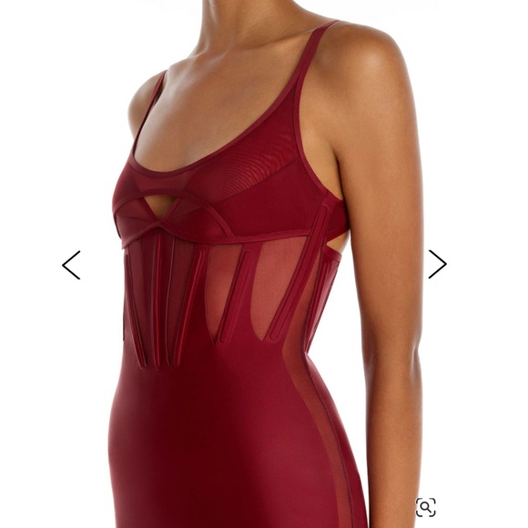 Mugler | Dresses | Mugler Techno Jersey Corset Mesh Mini Dress In Burgundy  | Poshmark